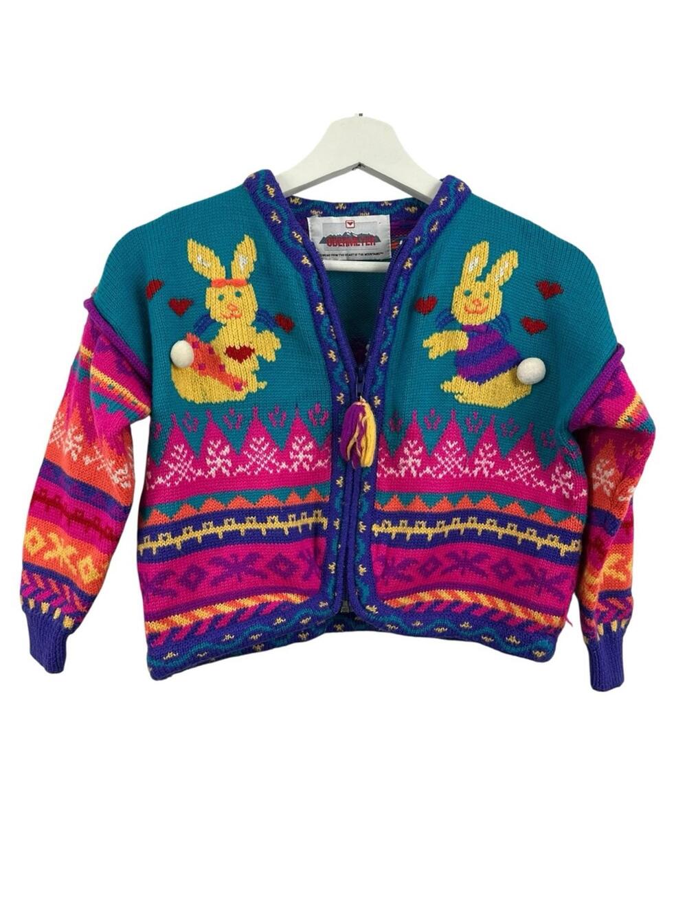 Vintage Obermeyer Girls Bunny Zip Up Cardigan Sweater